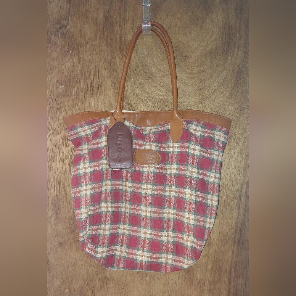 Longaberger Plaid Canvas Tote Bag with Brown Accents